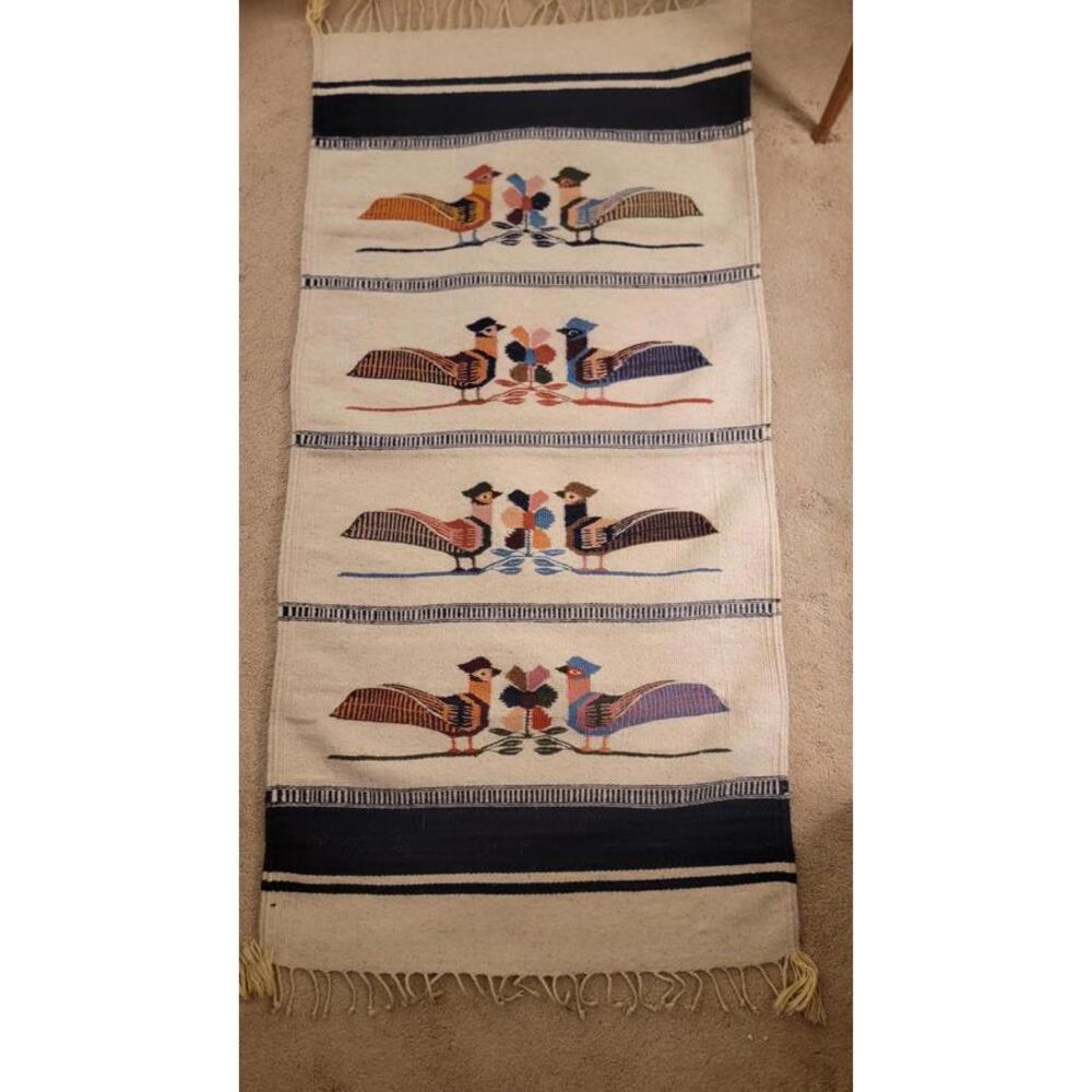 Folk Art Hand Woven Wool Vintage Fringed Rug/Tapestry 62"x28" Sweetheart Birds